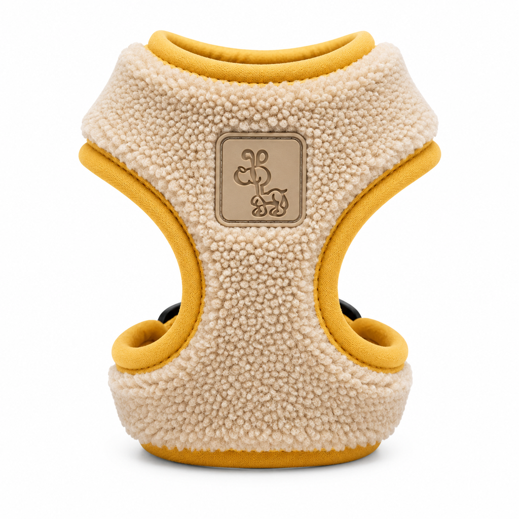 Beige and Yellow Fleece Dog Harness with Adjustable Straps & Cozy Padded Design
