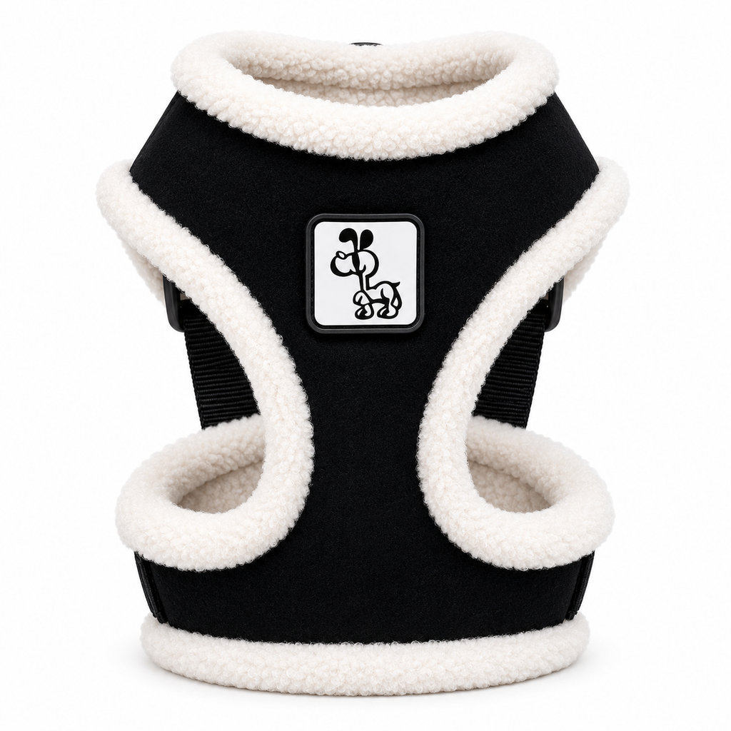 Black and White Fleece Dog Harness with Adjustable Straps & Cozy Padded Design