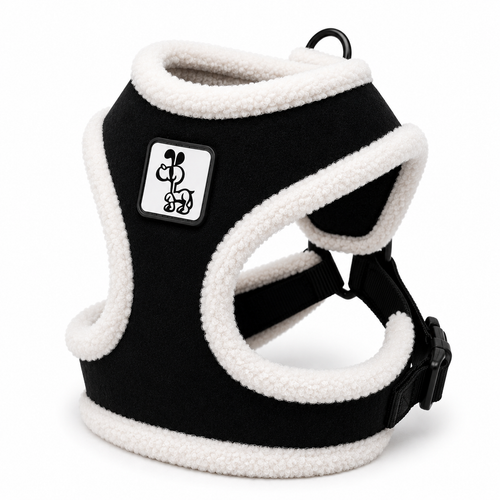 Black and White Fleece Dog Harness with Adjustable Straps & Cozy Padded Design