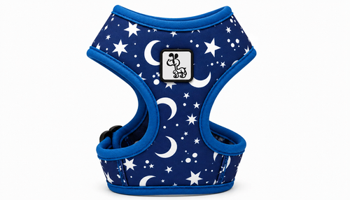 Dark Blue Celestial Dog Harness with Adjustable Straps & Comfortable Padded Design