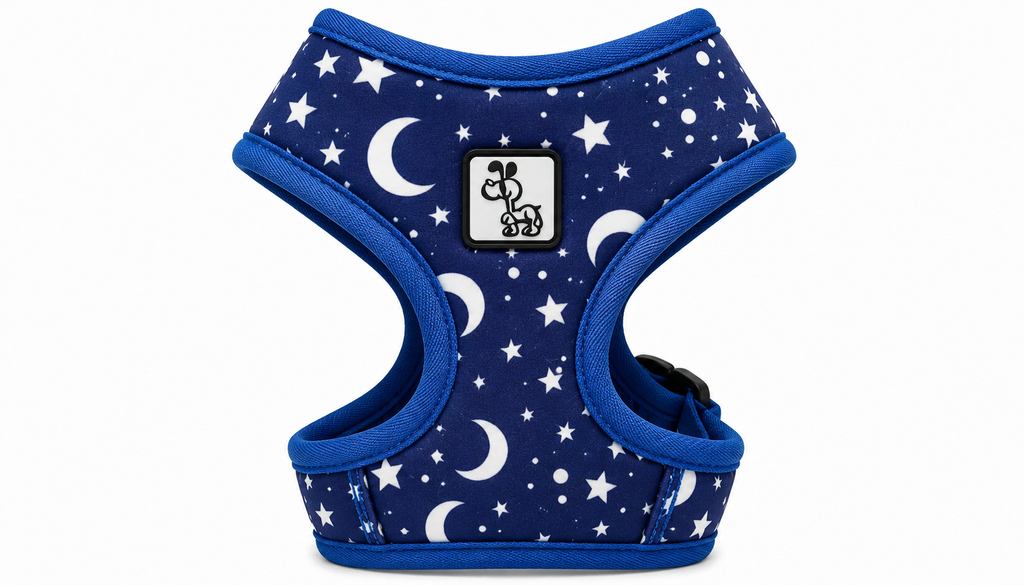 Dark Blue Celestial Dog Harness with Adjustable Straps & Comfortable Padded Design