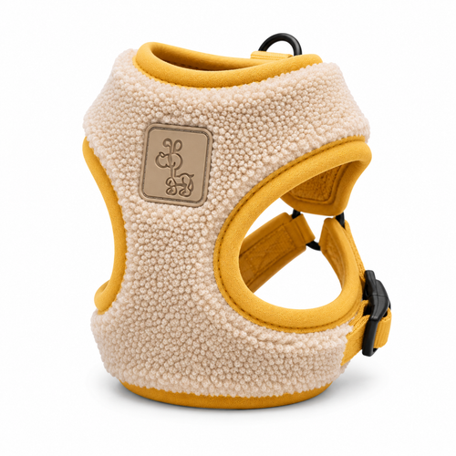Beige and Yellow Fleece Dog Harness with Adjustable Straps & Cozy Padded Design