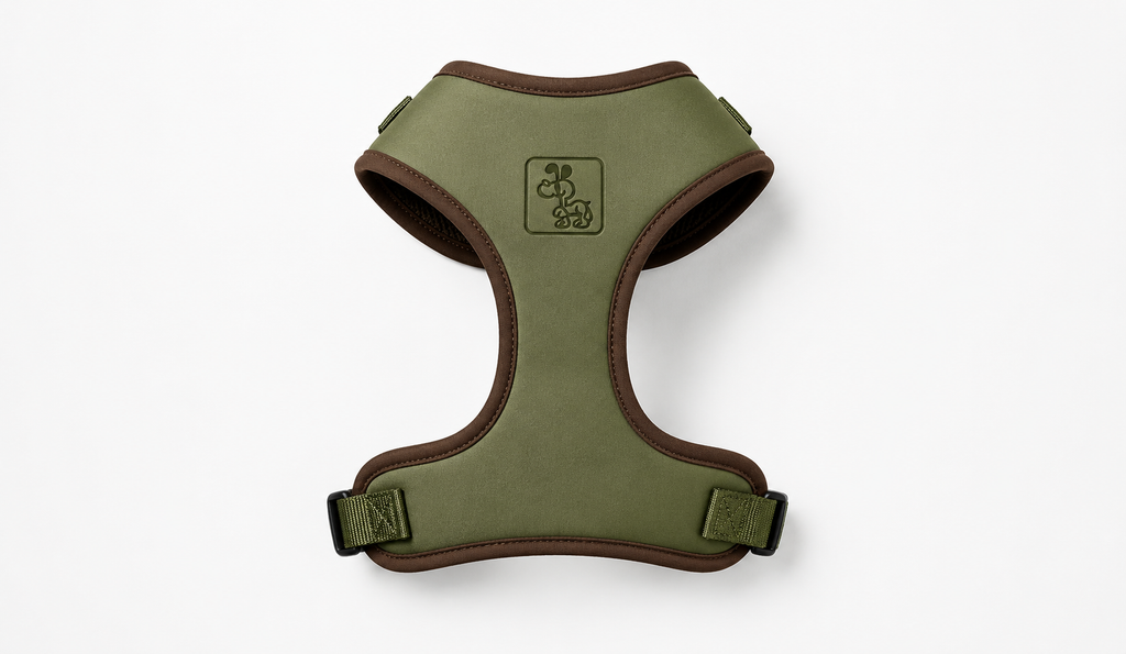 Green and Brown Dog Harness with Adjustable Straps & Comfortable Padded Design