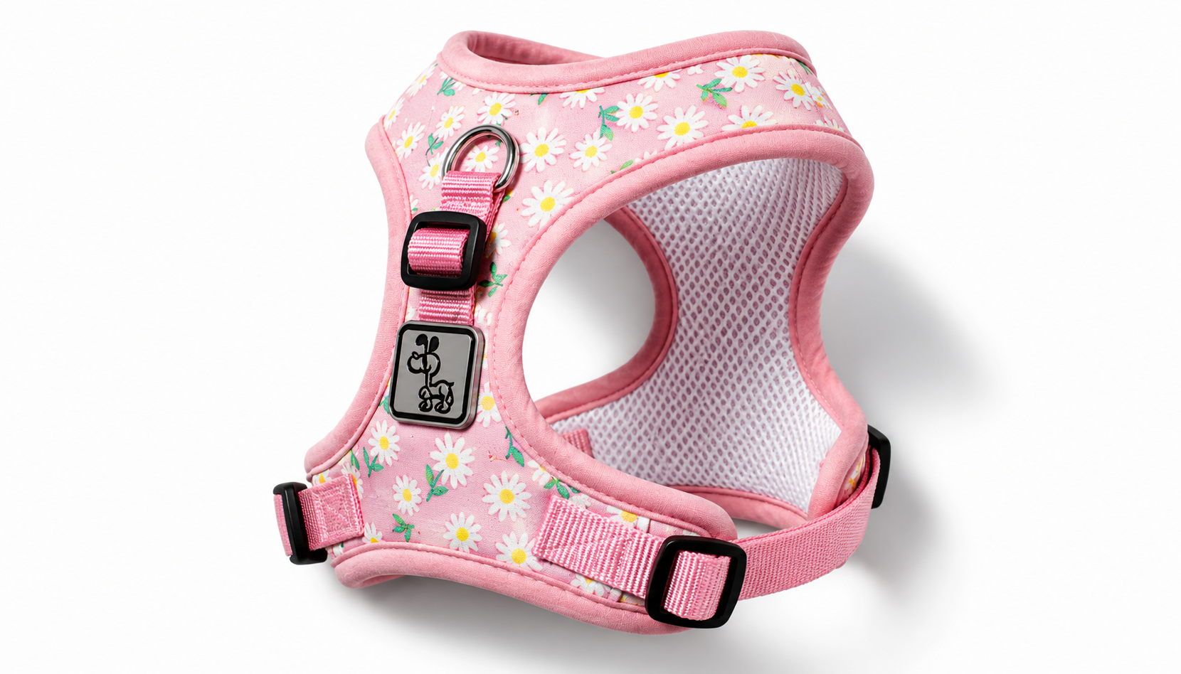 Pink Floral Dog Harness with Adjustable Straps & Breathable Mesh Design